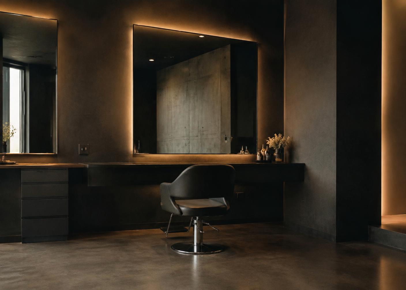 Dark minimal salon interior with a backlit mirror and single chair