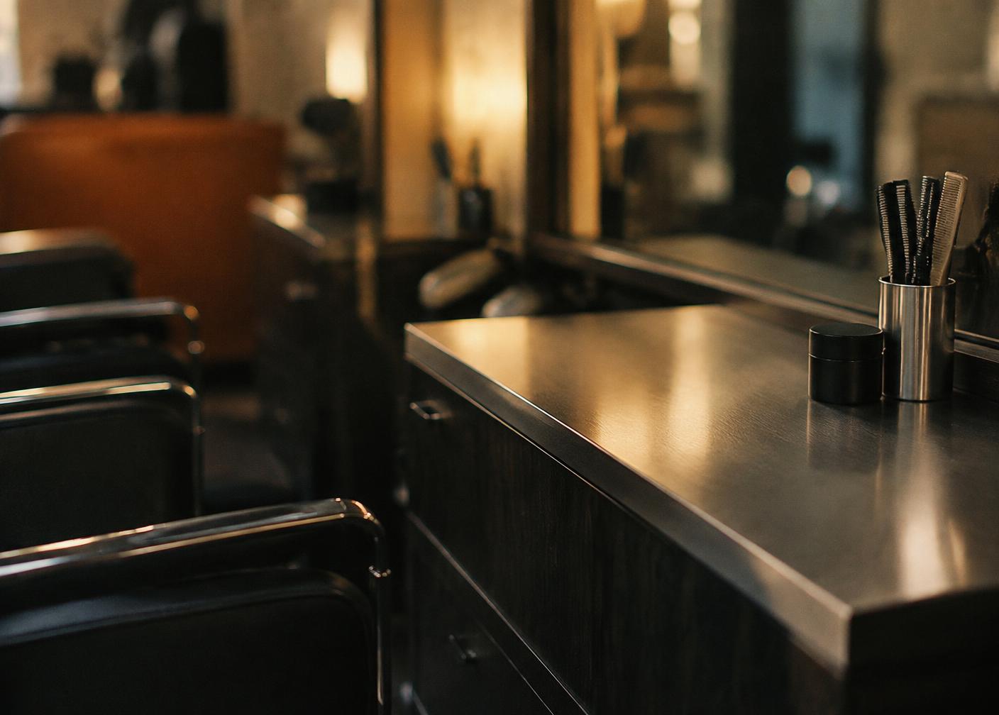 Detail of a salon workstation in warm low light