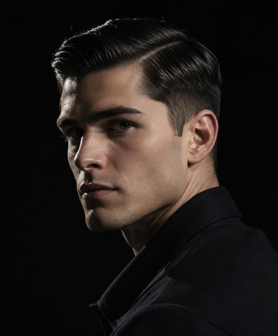 Classic tapered side-part cut lit from the side